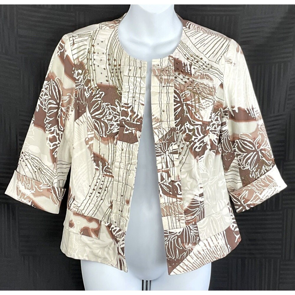 Coldwater Creek Ruffle Open Front Cropped Jacket Blazer 4 Brown Geometric Beads
